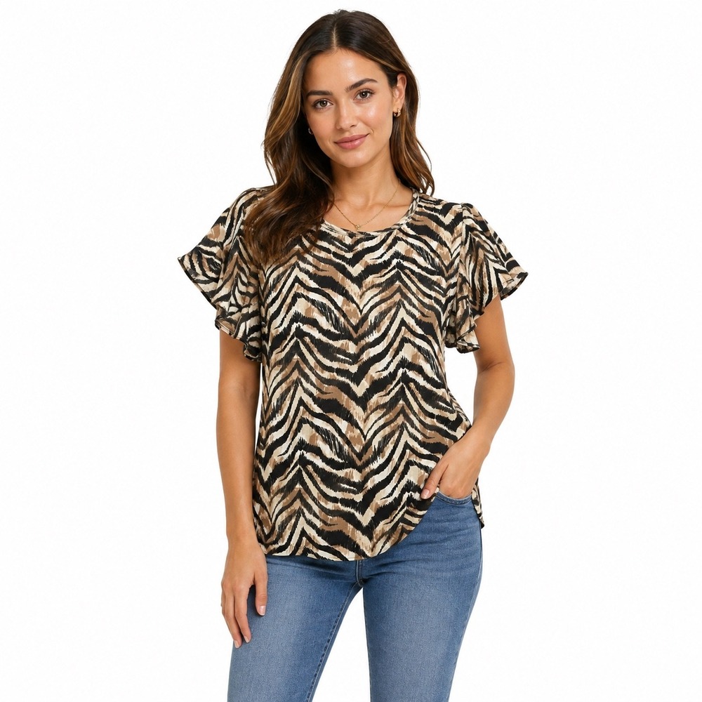 Jaclyn Smith Womens Zebra Print Flutter Sleeve Top Black Tan XXL